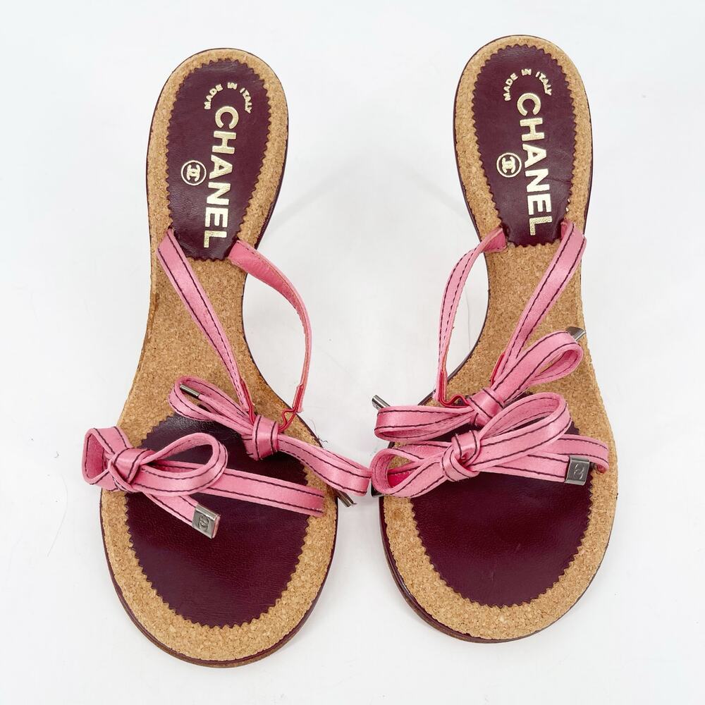 Chanel Vintage Pink Double Strap Satin Bow Cork Sole Slide Sandal Heels EU 38 - Picture 7 of 13